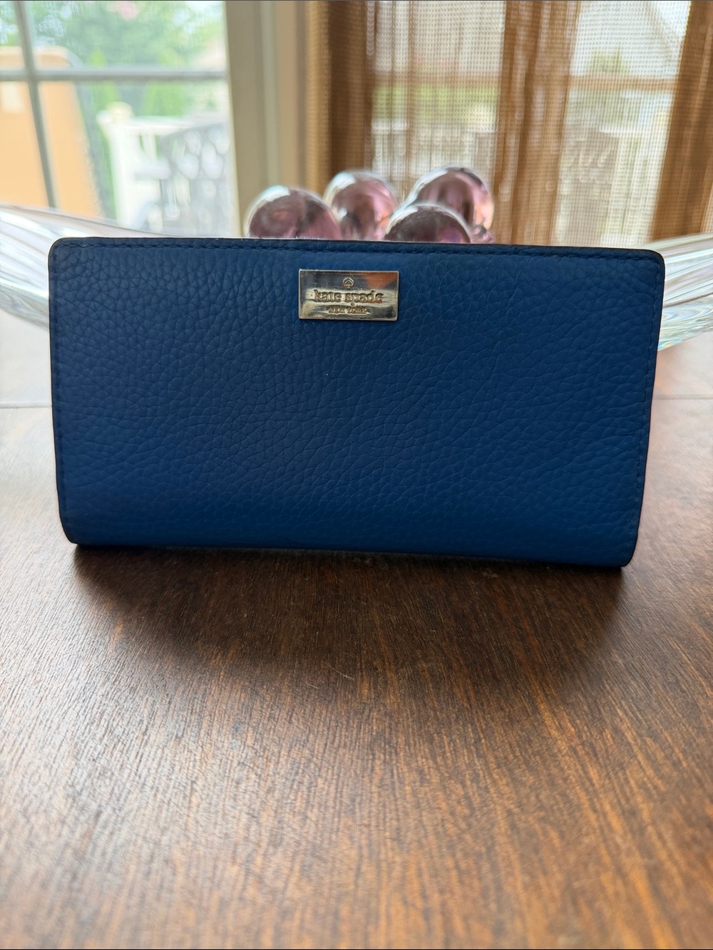 Kate Spade electric blue pebbled leather long snap wallet w/gold lining, GUC